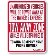 Custom Tow Away Aluminum Weatherproof Sign b00962