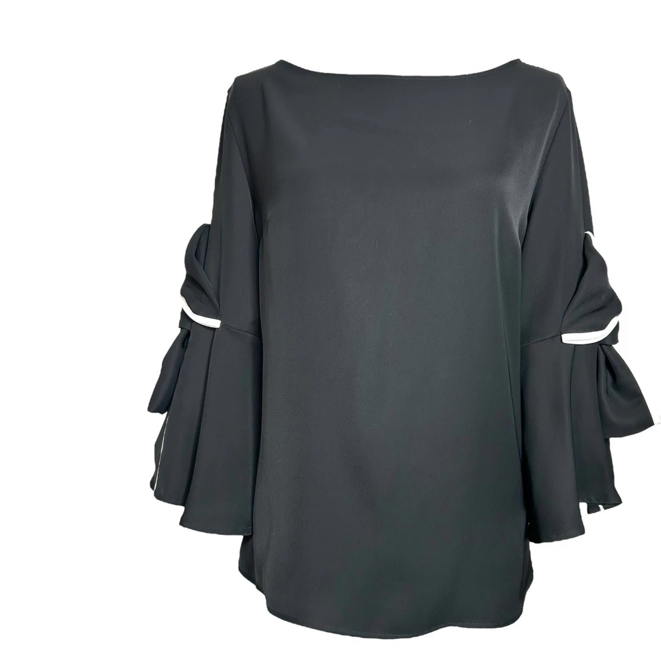 Joseph Ribkoff Top US 12 Black Boat Neck Bow Bell Sleeve Stretch Business Casual - Image 3 of 4