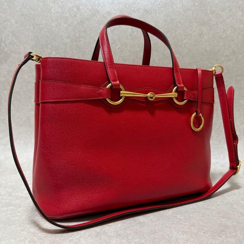 GUCCI Horsebit 2way Handbag Shoulder Leather Red
