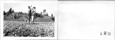 Two Women In Swim Suits Standing In Rocks W/German Shepard B+W Found Photo V4351