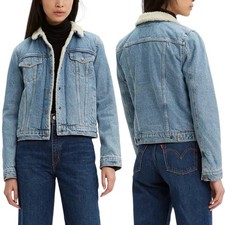 Levi's Denim Original Sherpa Trucker Jacket Women's L Faux Fur Lined Blue