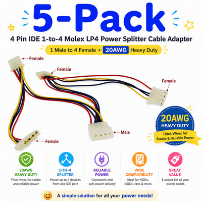 4-Pin IDE to 4x Molex LP4 Power Splitter Adapter Cable 20AWG Heavy Duty (5-Pack)