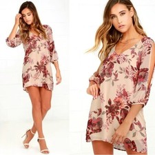 Lulus Shifting Dears Floral Shift Dress Cut Out Sleeve Beige Cream Mini Large