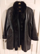 Vintage Beautiful Black Leather Coat Real Fox Fur Collar Women s Jacket L/XL