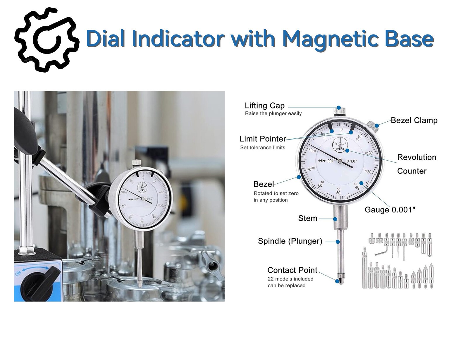 Dial Indicator with Magnetic Base Holder Differential Backlash Gauge 0-1.0 Test