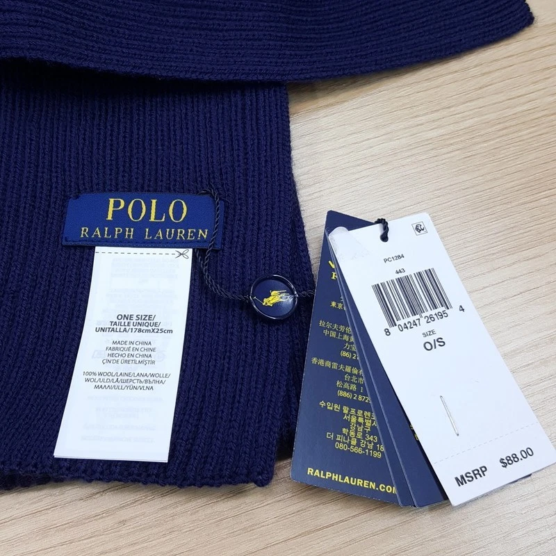 Polo Ralph Lauren Bufanda Azul Marino Lana Sólida Acanalada Rojo Pony Logo Tejido 11x68 Foto 3 de 4
