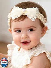 ICKEYOU Handmade Baby Girl Headbands in Beige Baby Bows and Floral Lace Headb