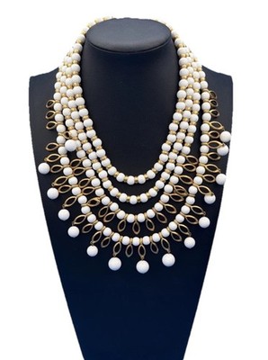 Kramer Signed Vintage Necklace   Gold Filigree Multi Layer White Beads, Rare
