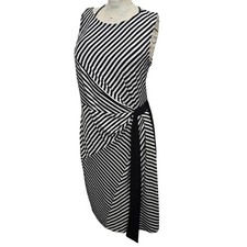Maggy Boutique Dress Size 12 Black White Striped Ruched Asymmetrical Sleeveless