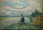 Ukrainian Soviet Oil Painting Pointillism female figure girl rest river clouds