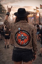 ACDC Denim  jacket Tan Black Leopard Print  Size 14 Festival Metalhead Reworked 