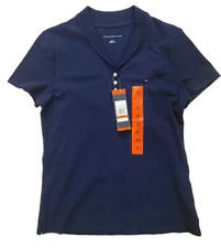 Tommy Hilfiger Women T-Shirt Button Blue Collar Short Sleeve Top Size M Navy