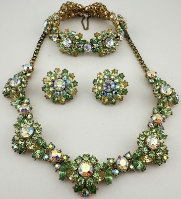 CROWN TRIFARI RARE GOLDTONE GREEN & AB RHINESTONE CONTESSA SET AS IS K230B