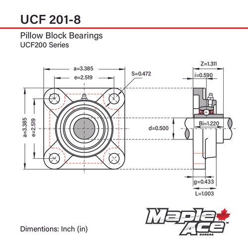 UCF201-8 Flange Bearing 1/2" Bore, 4-Bolt Self-Aligning, Solid Base (Qty10) - Picture 3 of 8