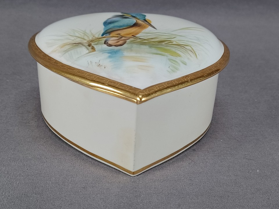 British Bone China Hand Painted Artist Signed Kingfisher Bird & Gold