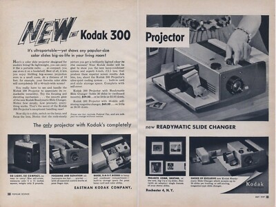 1957 Original Magazine 2 Page Ad for the Kodak 300 Slide Projector