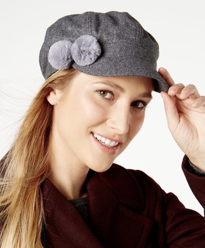 Newsboy Cap Hat Faux Fur Pom Pom 