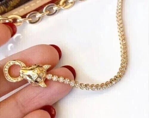 Brazalete tenis pantera redondo de diamantes simulados de 6 quilates de oro amarillo de 14 k Foto 3 de 4