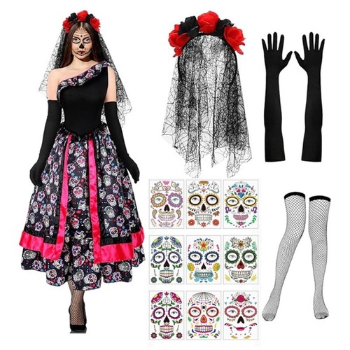 Day of The Deads Costume Sugar Skull Costume for Halloween Fancy Dress Cosplay - Picture 2 of 8