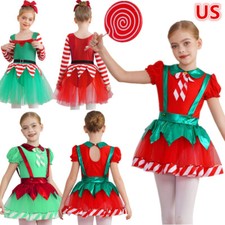 Girls Miss Santa Ice Skating Dance Dress Striped Long Sleeve Leotard Tutu Skirts