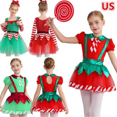 Girl Santa Elves Costume Candy Cane Bodysuit Tutu Dress Suit for Christmas Party
