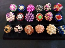 Hand Crocheted Stretch Cocktail-Statement Acrylic Pearls/Faceted Bead Clusters