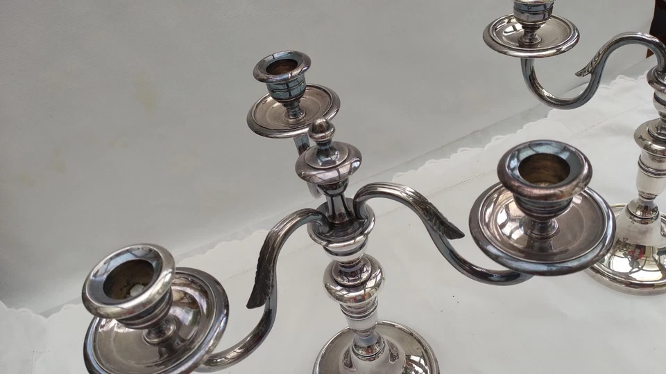 Paire de chandeliers en bronze argenté CHRYSALIA XXe siècle 3 branches H=24cm - Photo 3/4