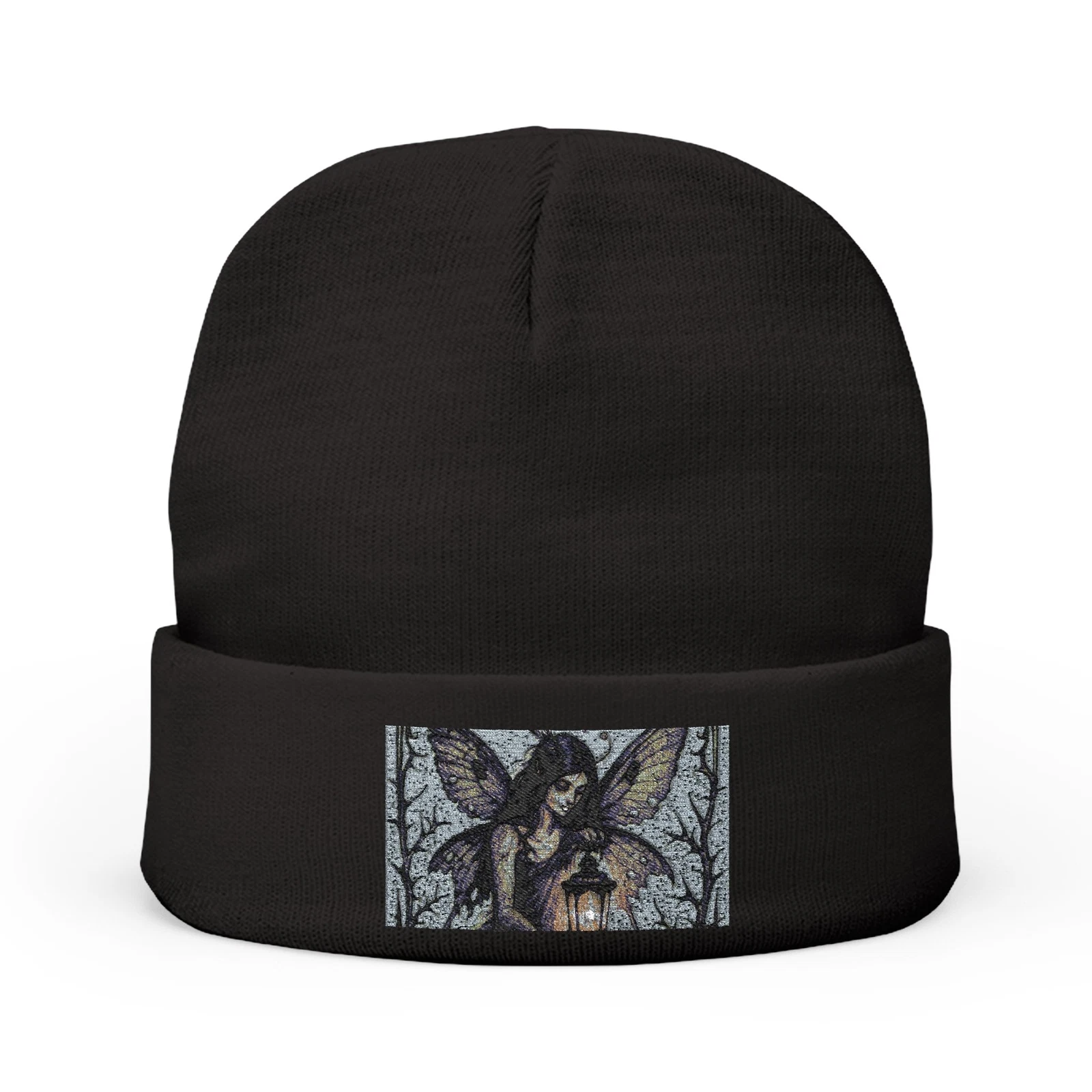 Embroidered Goth Fairy Knit Beanie, Winter Hat Cozy Dark Fantasy Emo Skater Punk