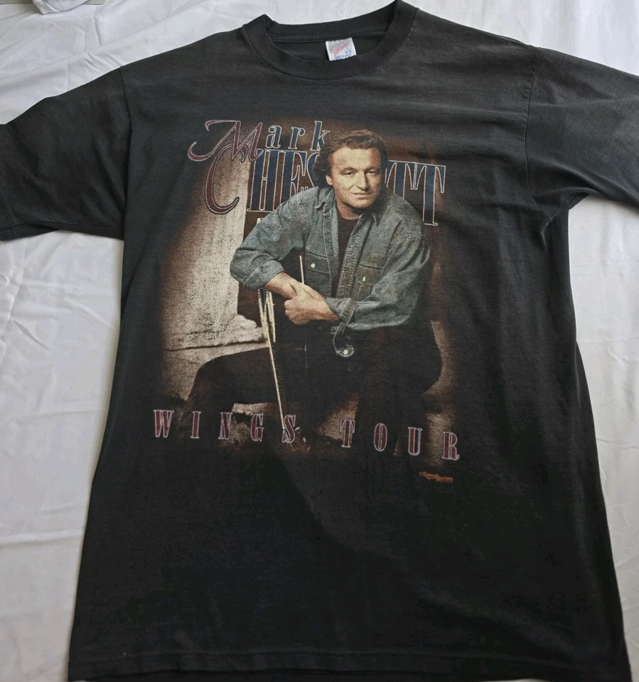 Винтажная футболка 1989 Mark Chestnutt The Wings Tour. Выцветший черный, напряженный поношенный - Изображение 4 из 4