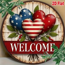 Tin Metal Signs Home D cor Patriotic Heart Welcome 4th of July Hanging 8x8