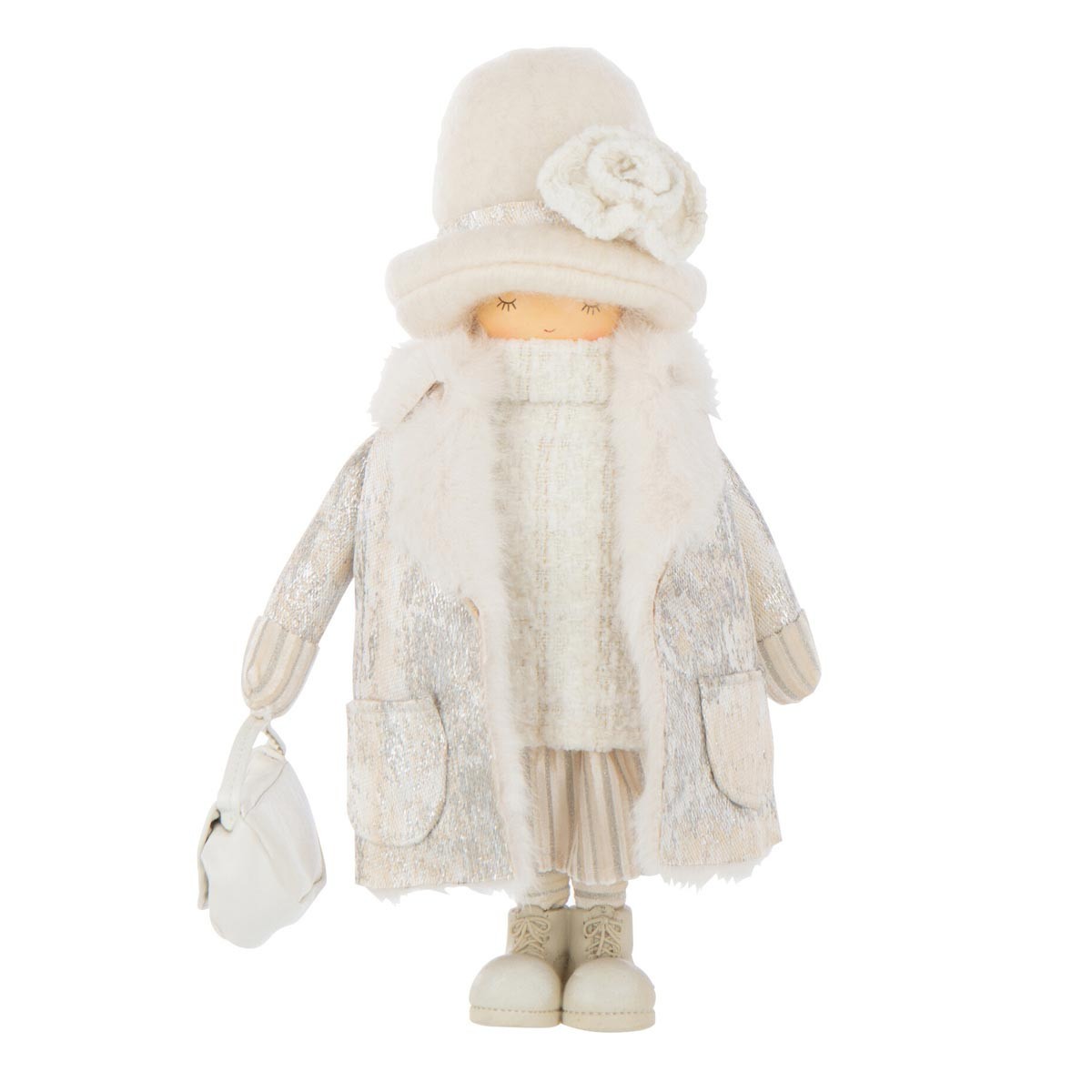 Statuette fille en tissu blanc cassé sur étagère de salon cocooning 30cm