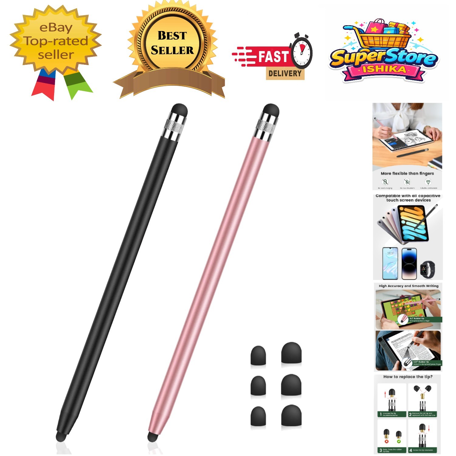 2-Pack Universal Stylus Pens - Black & Rose Gold for Touch Screens