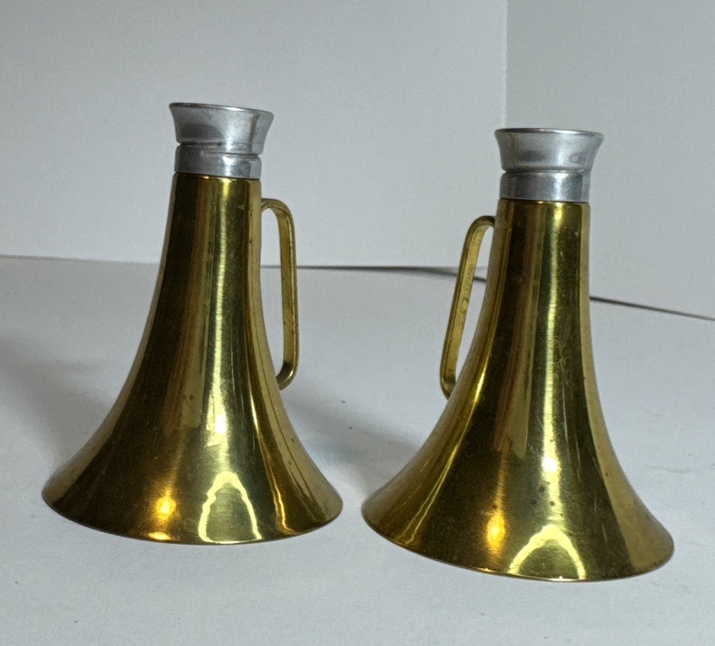 Vintage MCM Salt and Pepper Shakers Brass Glass Bugles Horn Cheering