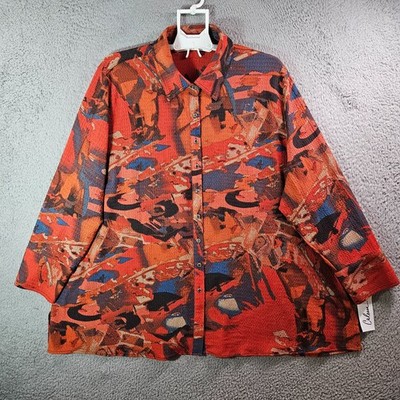 NEW Calessa Shirt Top Women 3X Stretch Button Up Abstract Print Orange Tone