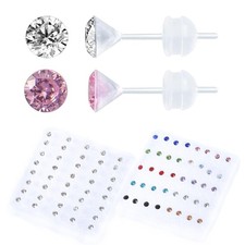 40 Pairs CZ Hypoallergenic Plastic Earrings for Sensitive Ears Plastic Stud E...