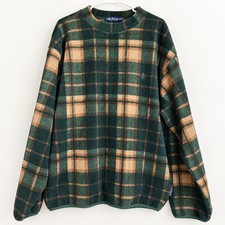 Nautica Vintage Plaid Fleece Pullover Mens XL Green Tan Made in USA Crew Neck