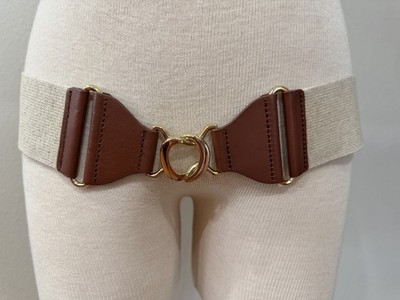 Stretch Waist Belt Gold Buckle 36  X 2.25  Beige Brown