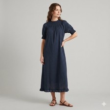 Quince 100% Organic Cotton Swiss Dot Midi Dress Navy Blue Size Small