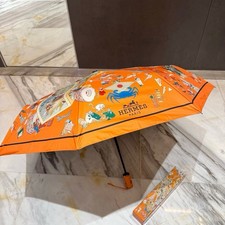 HERMES Paris Women's Compact Folding Umbrella Orange Horse Logo Graphic Print