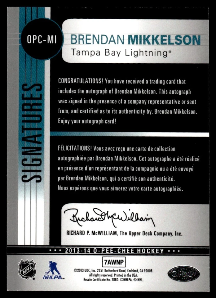 2013-14 O-Pee-Chee Signatures Brendan Mikkelson Auto Tampa Bay Lightning #OPC-MI - Image 2 of 2