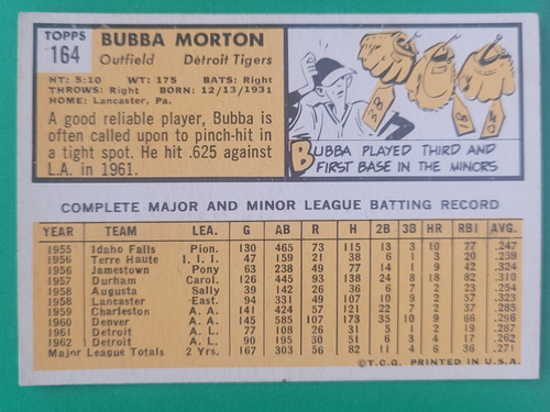 1963 Topps Bubba Morton #164 Det. Tigers EX leichte Gebrauchsspuren sauber glatt tolle Farbe - Bild 2 von 3