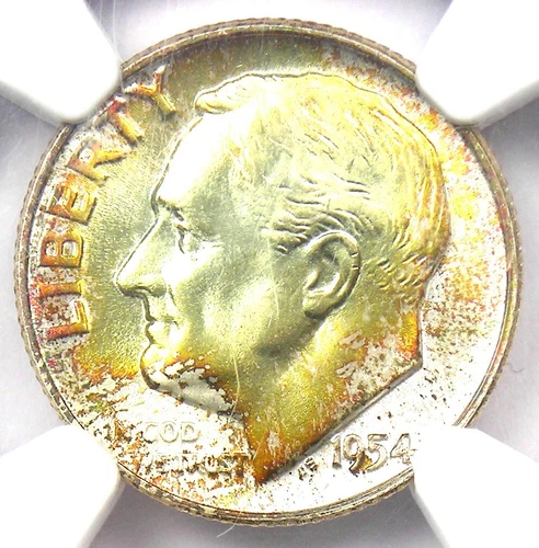 1954 Roosevelt Dime 10C Rainbow Coin (1954-P) - NGC MS68 FT (FB) - Top Pop 4/0!