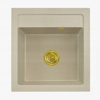 GroßEs Rechteckiges Waschbecken Aus Beigem Granit Mit Goldenem Siphon