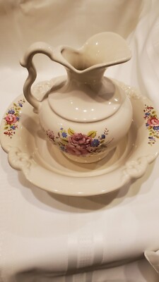 Vintage  Haeger Pottery Pitcher And Bowl White #3055
