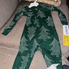 Christmas One Piece Pajamas Sz 24 M Carter  s Green W Xmas Trees
