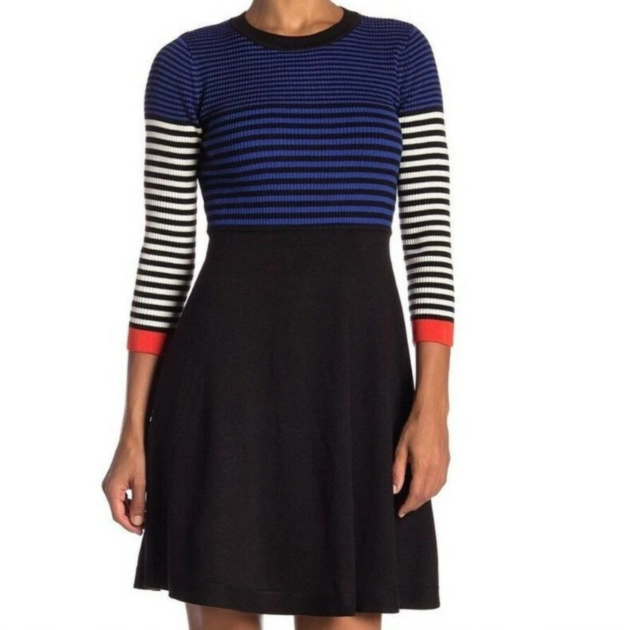 Eliza J NWT Size M Striped Sweater Dress Crew Neck Blue Black Red Fit Flare