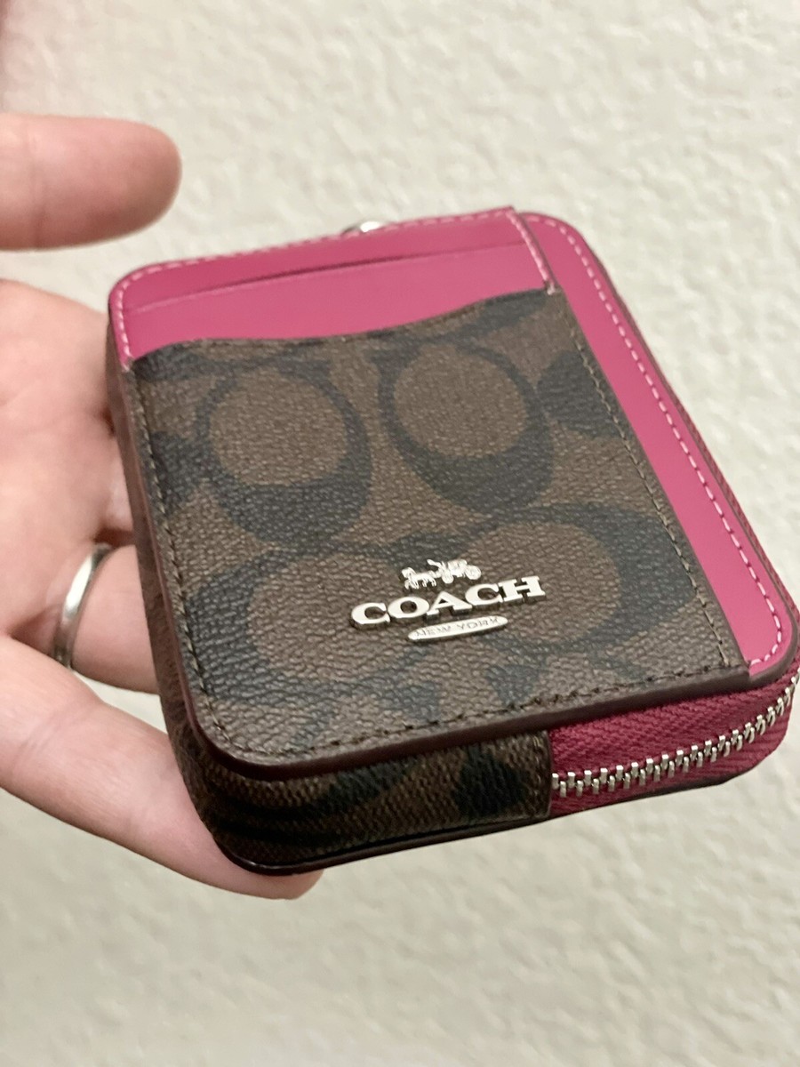 Coach Zip Card Case In Signature Canvas With Chain NWT Bright