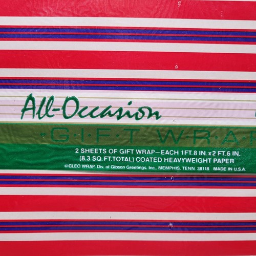 VINTAGE CLEO Gift Wrap All Occasion Wrapping Paper 2 Sheets Red Blue Striped NOS - Picture 3 of 6