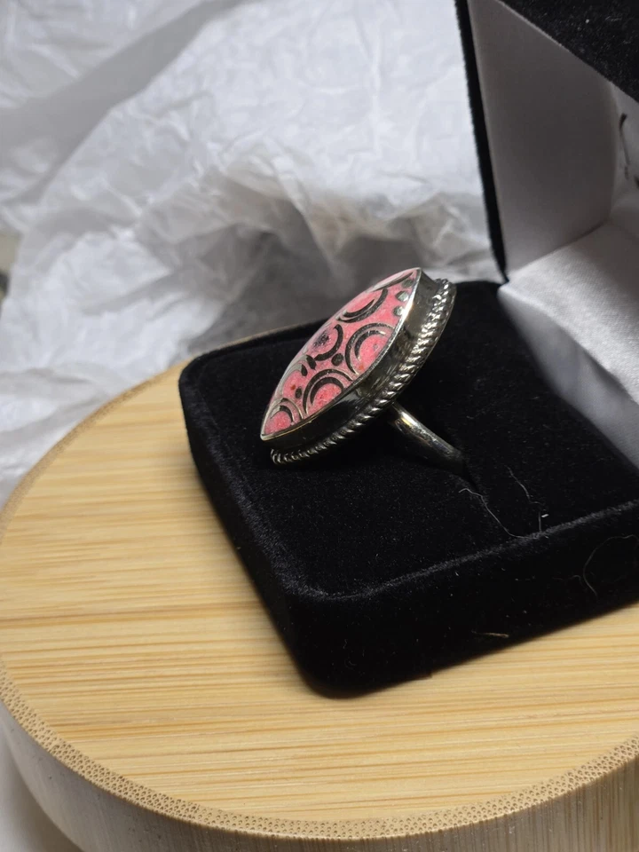 Anillo ajustable rosa hecho a mano plata tibetana talla 7 oblongo Foto 4 de 4
