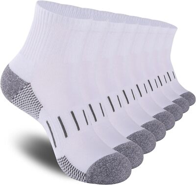 Heatuff Men's Ankle Athletic Socks Quarter Cushion One Size, 8 Pairs White 